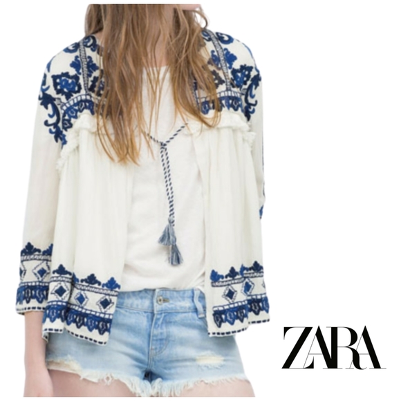Zara Jackets & Blazers - ZARA Boho Embroidered Trapeze Fringe Jacket